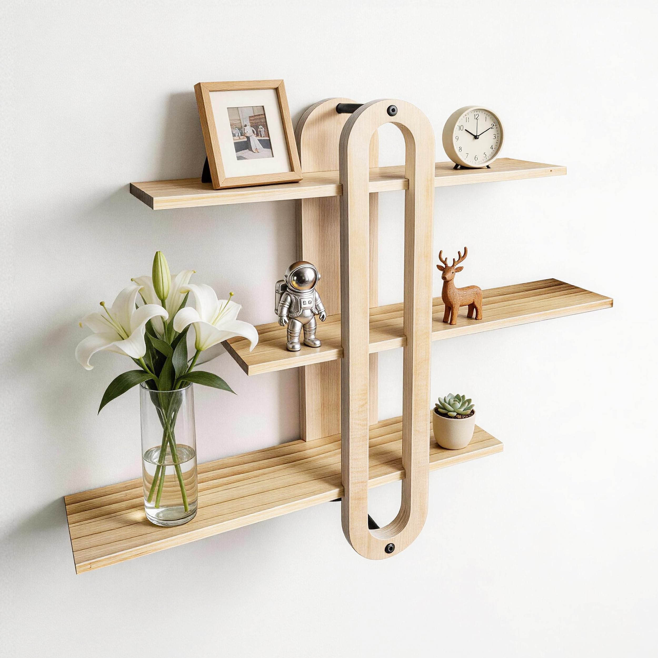ECOLEGNA 3 Tier Wood Floating Wall Shelves Minimalist MidCentury Modern Wall Mounted Decorative Storage for Bedroom Living Room Bathroom Office Plants Crystals Home Decor