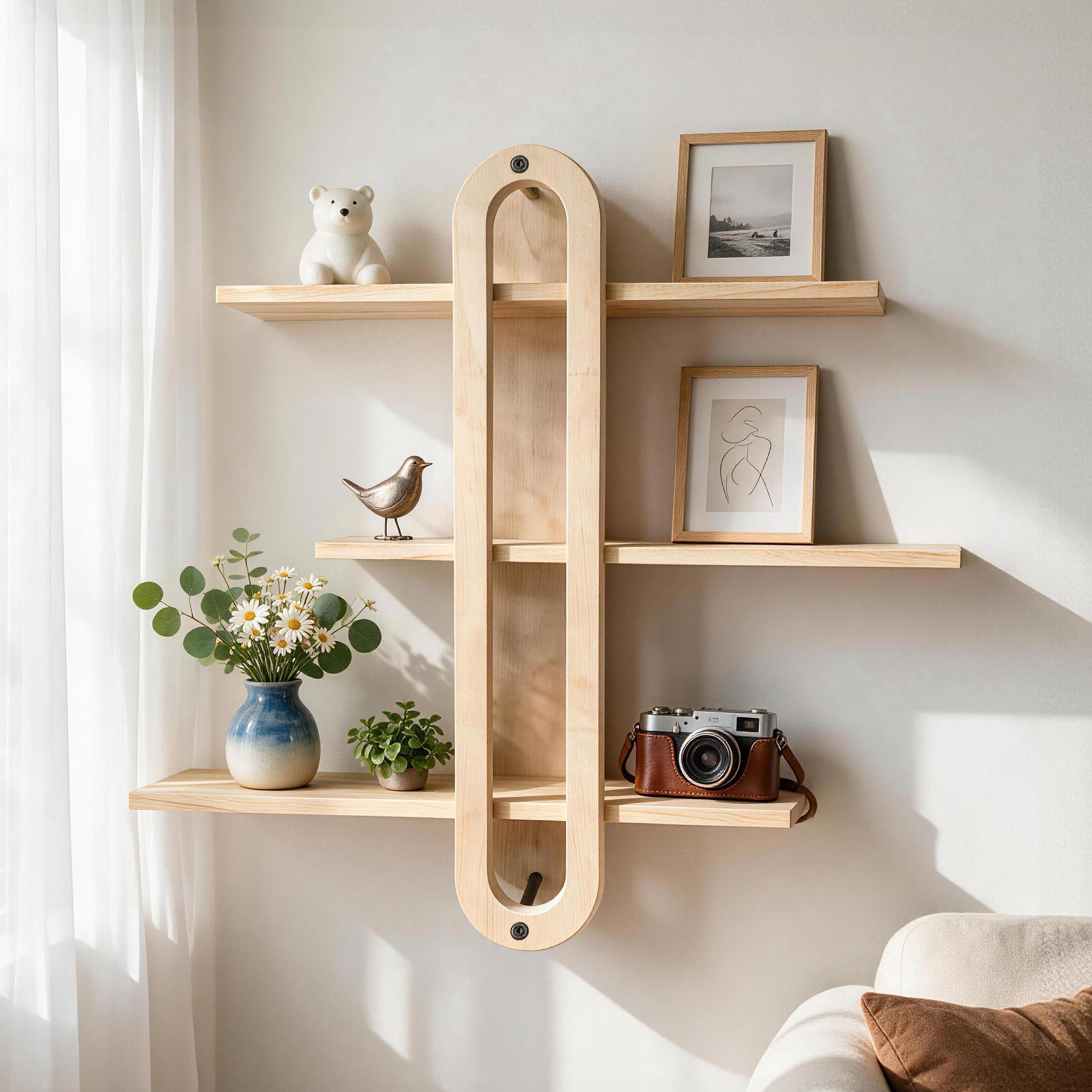 ECOLEGNA 3 Tier Wood Floating Wall Shelves Minimalist MidCentury Modern Wall Mounted Decorative Storage for Bedroom Living Room Bathroom Office Plants Crystals Home Decor - image 2