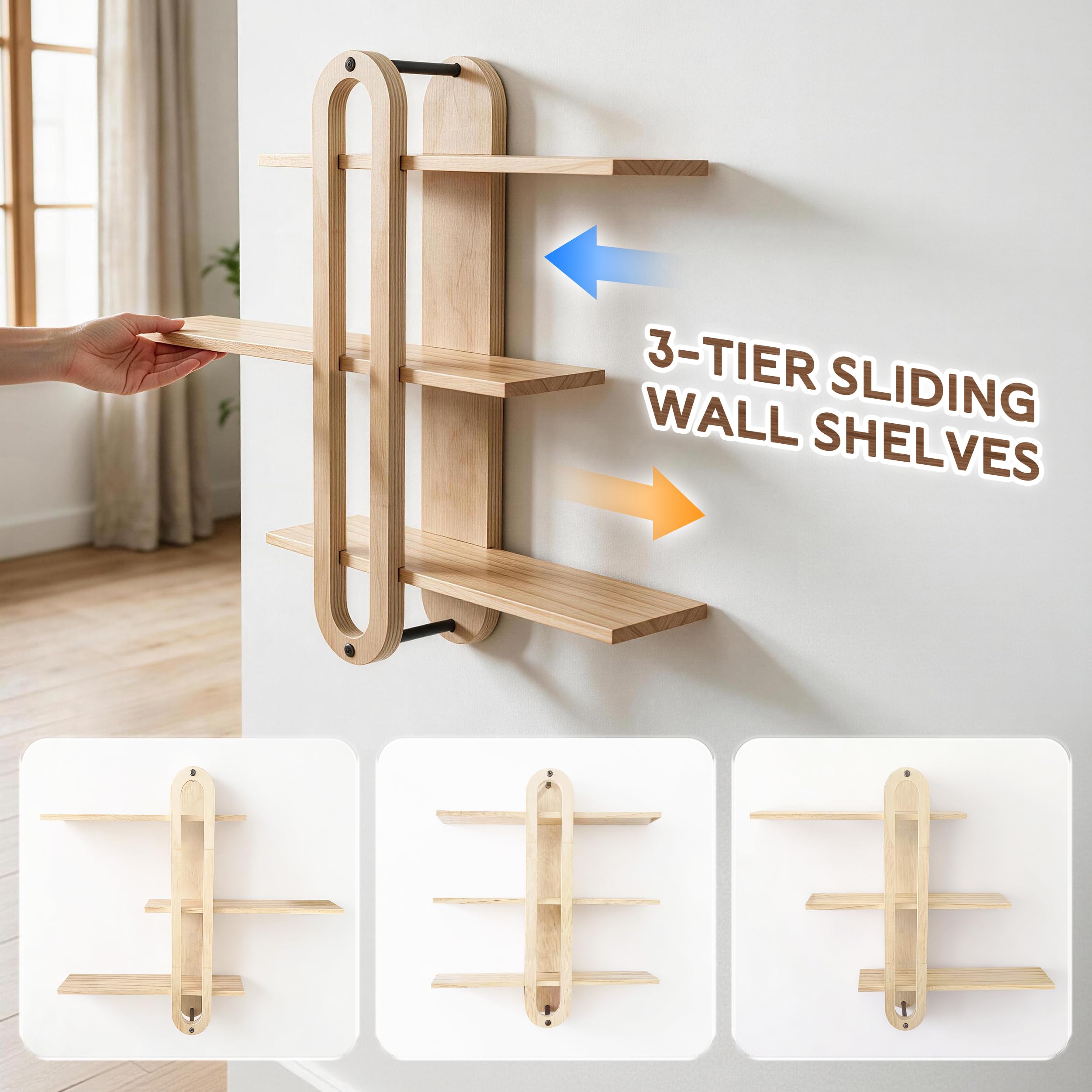 ECOLEGNA 3 Tier Wood Floating Wall Shelves Minimalist MidCentury Modern Wall Mounted Decorative Storage for Bedroom Living Room Bathroom Office Plants Crystals Home Decor - image 3