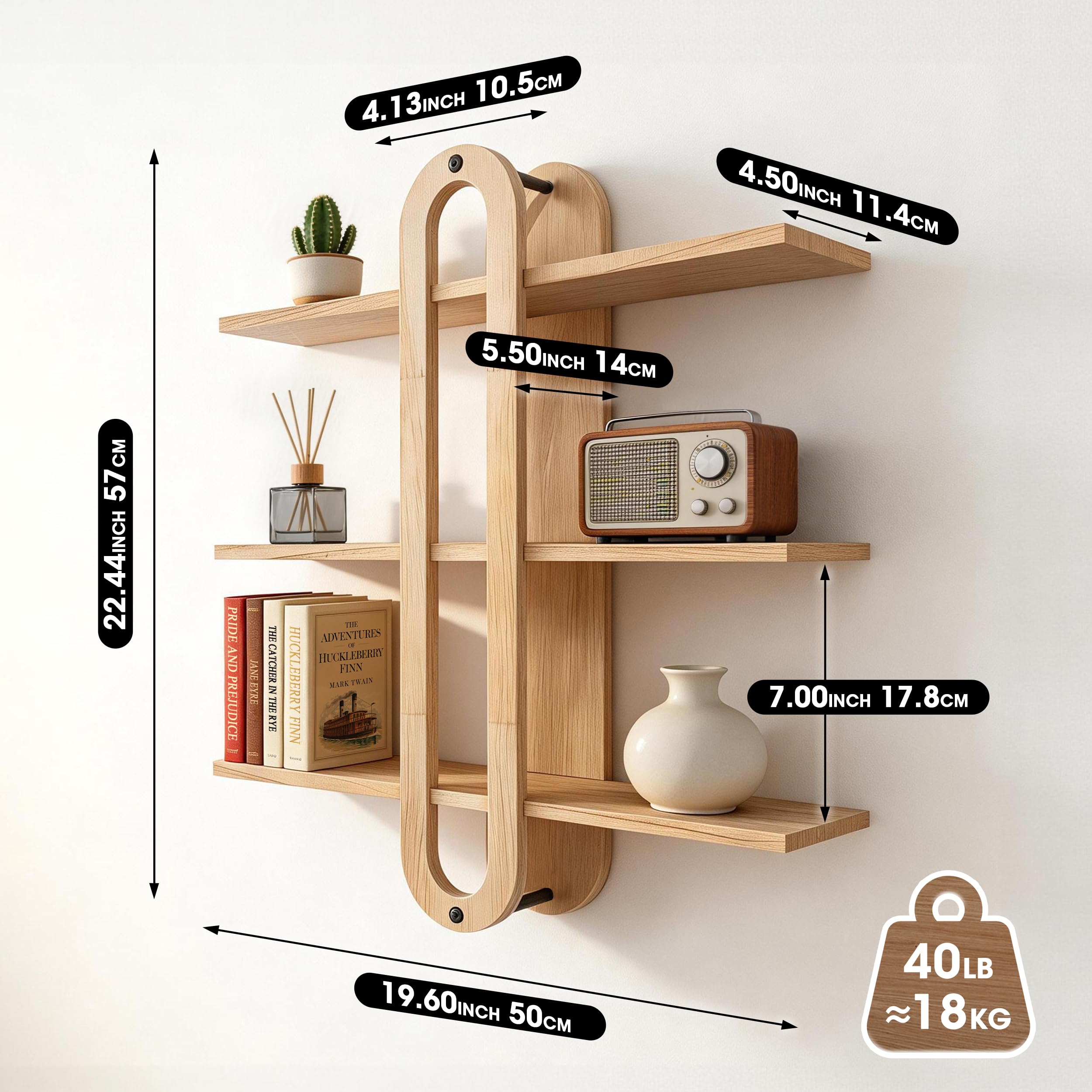ECOLEGNA 3 Tier Wood Floating Wall Shelves Minimalist MidCentury Modern Wall Mounted Decorative Storage for Bedroom Living Room Bathroom Office Plants Crystals Home Decor - image 4