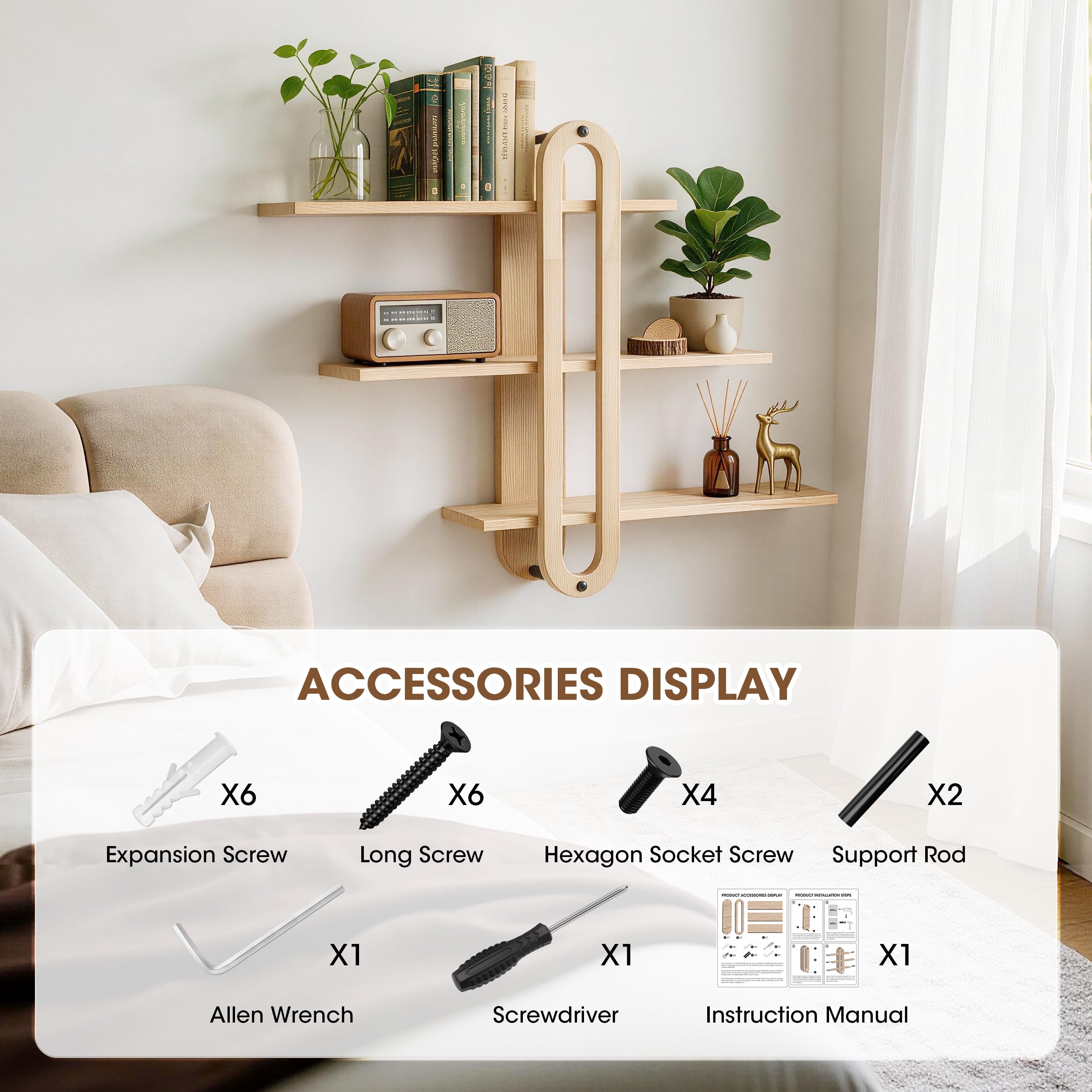 ECOLEGNA 3 Tier Wood Floating Wall Shelves Minimalist MidCentury Modern Wall Mounted Decorative Storage for Bedroom Living Room Bathroom Office Plants Crystals Home Decor - image 5