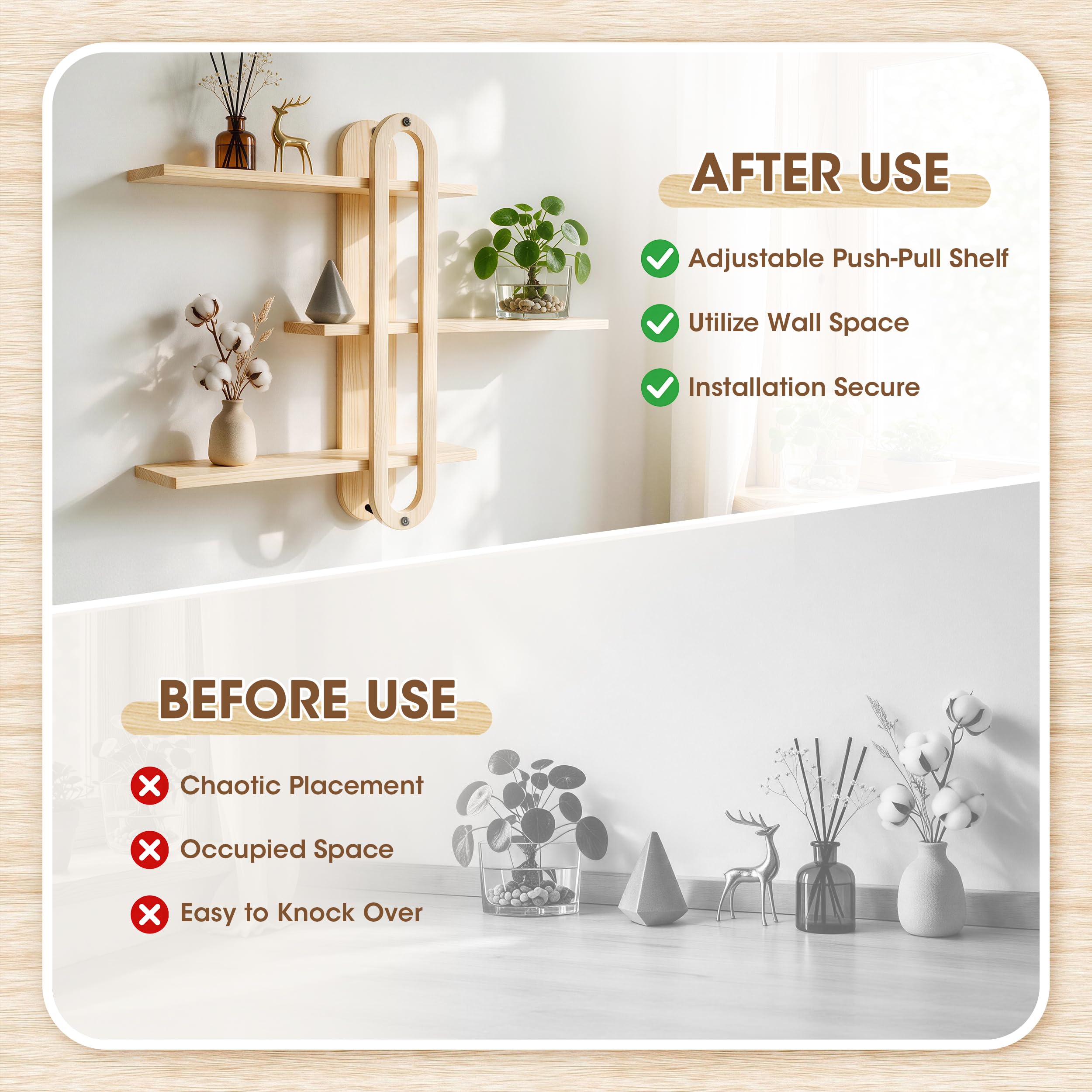 ECOLEGNA 3 Tier Wood Floating Wall Shelves Minimalist MidCentury Modern Wall Mounted Decorative Storage for Bedroom Living Room Bathroom Office Plants Crystals Home Decor - image 6